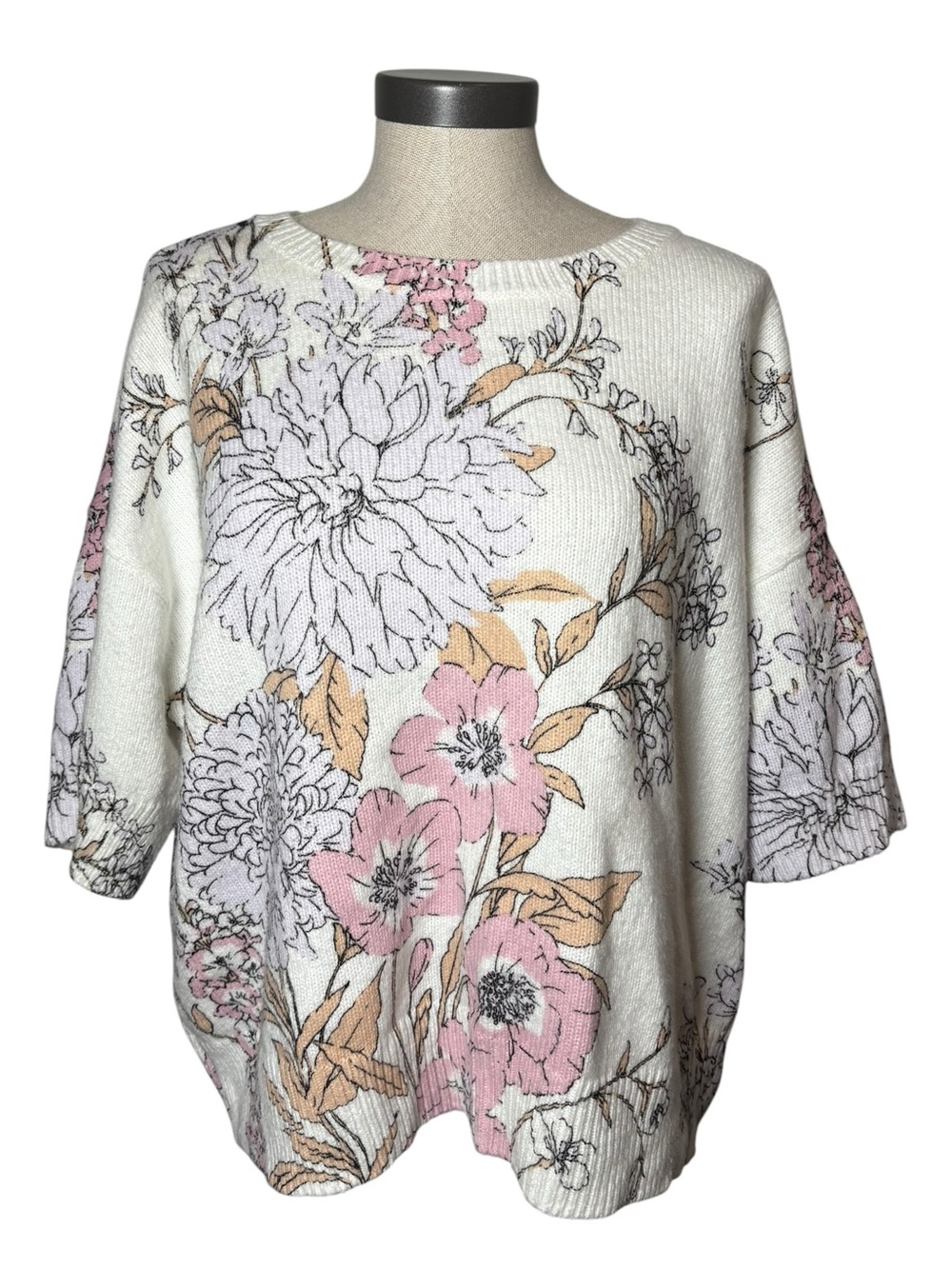 Ann Taylor XXL Floral Short Sleeve Sweater Top Pink Ivory Artistic